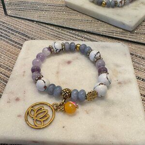 Lotus Charm Bracelet • Amethyst & Howlite Beaded Bracelet • Blue Jasper Gemstone